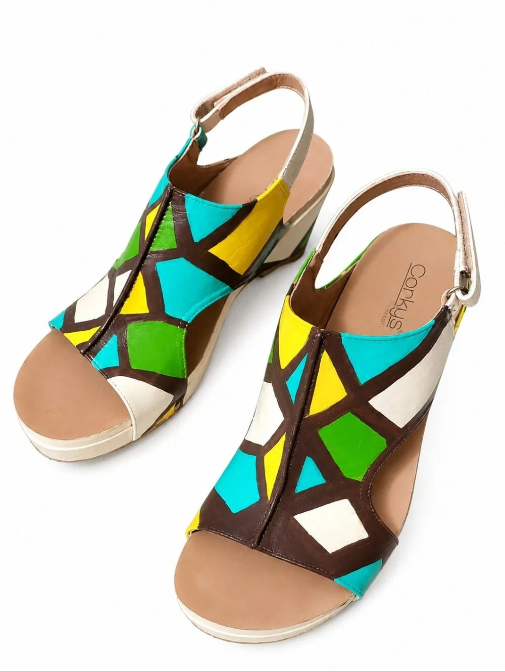 Corkys Leather Colorblock Wedge Sandals Geometric Platform Handpainted OOAK NWOT